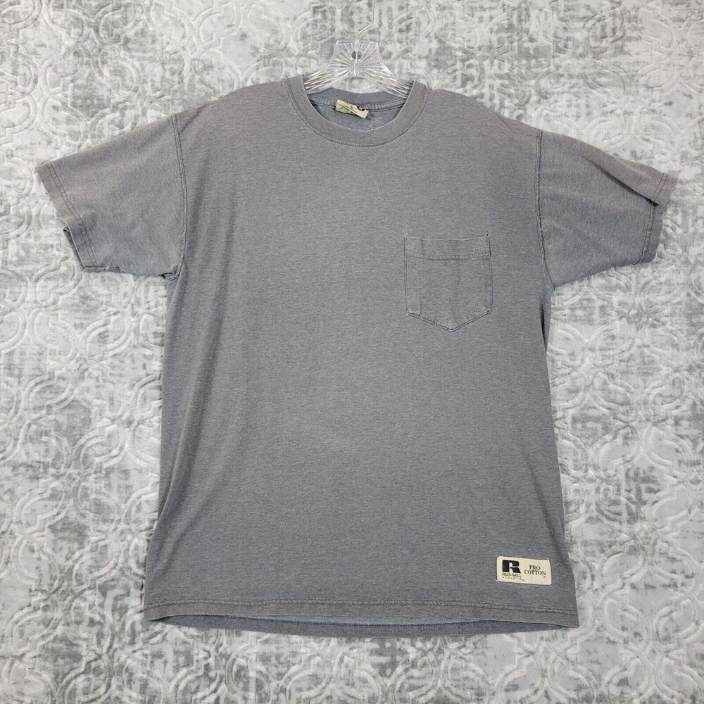 Vintage  Russell Athletic Shirt Mens Medium Gray Pro Cotton Pocket Adult 90s